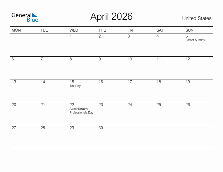 Printable April 2026 Calendar for United States