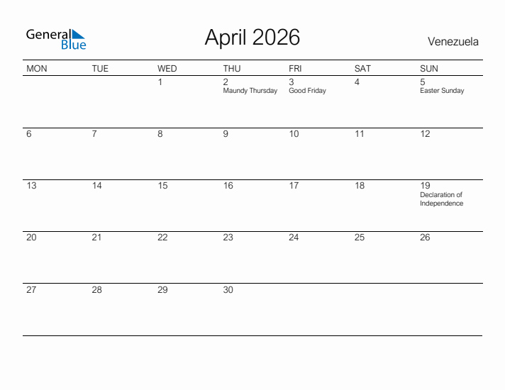 Printable April 2026 Calendar for Venezuela