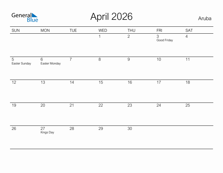 Printable April 2026 Calendar for Aruba