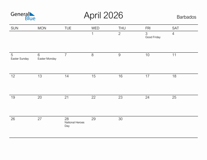 Printable April 2026 Calendar for Barbados