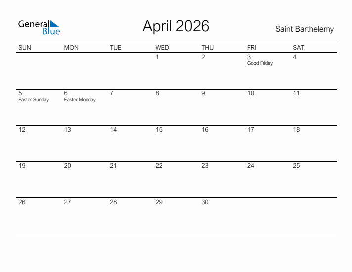 Printable April 2026 Calendar for Saint Barthelemy