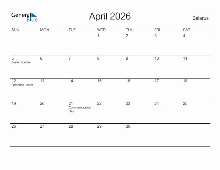 Printable April 2026 Calendar for Belarus