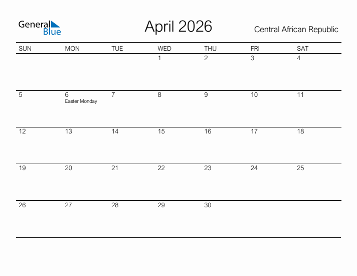 Printable April 2026 Calendar for Central African Republic