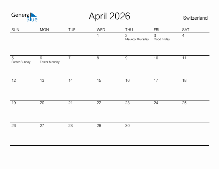 Printable April 2026 Calendar for Switzerland