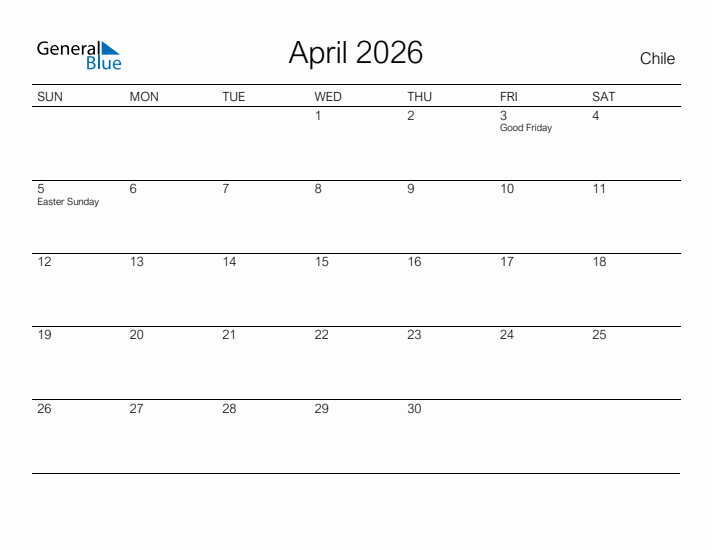 Printable April 2026 Calendar for Chile