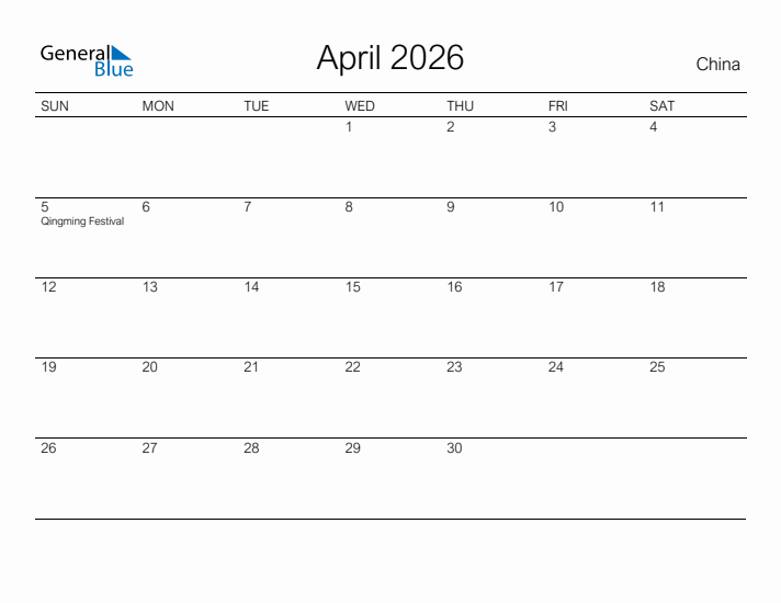 Printable April 2026 Calendar for China