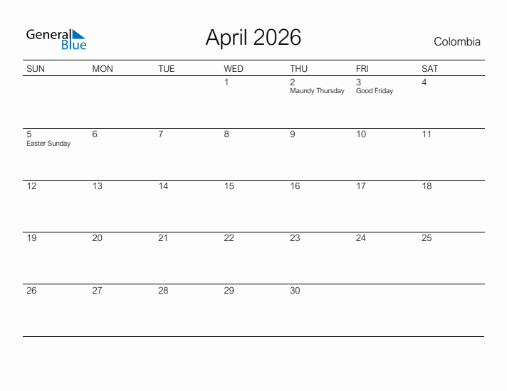 Printable April 2026 Calendar for Colombia