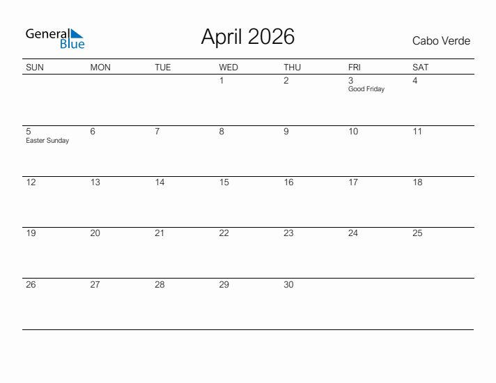 Printable April 2026 Calendar for Cabo Verde