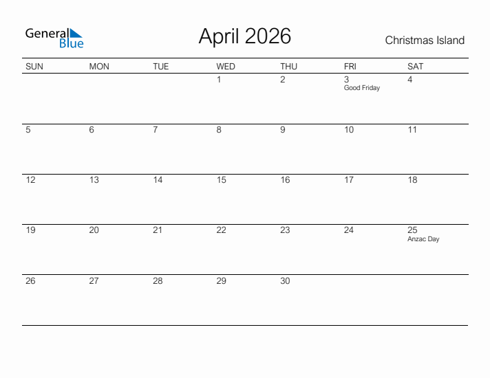 Printable April 2026 Calendar for Christmas Island