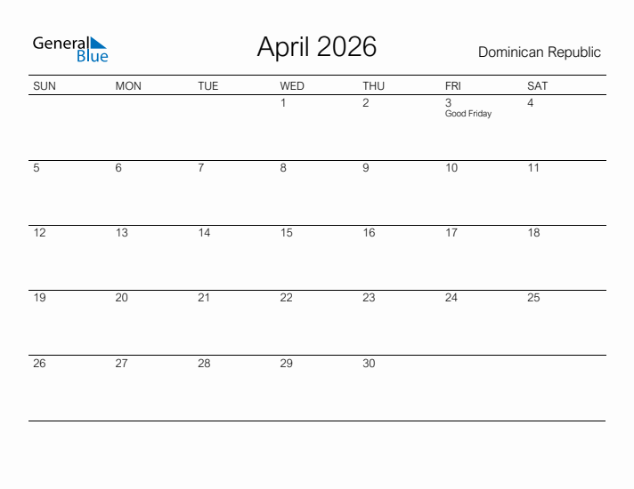 Printable April 2026 Calendar for Dominican Republic