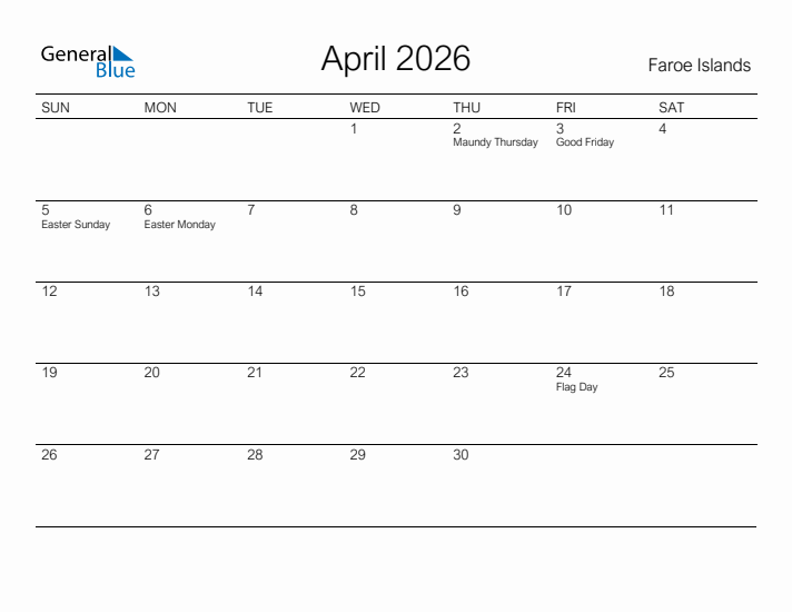 Printable April 2026 Calendar for Faroe Islands