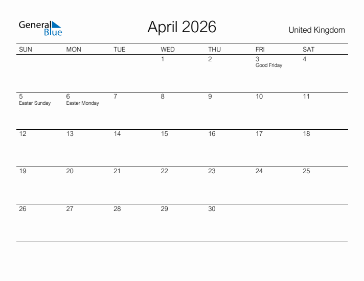 Printable April 2026 Calendar for United Kingdom