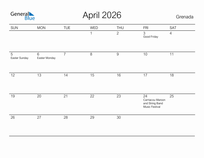 Printable April 2026 Calendar for Grenada