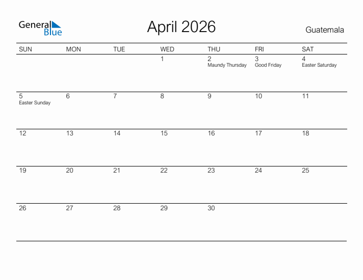 Printable April 2026 Calendar for Guatemala