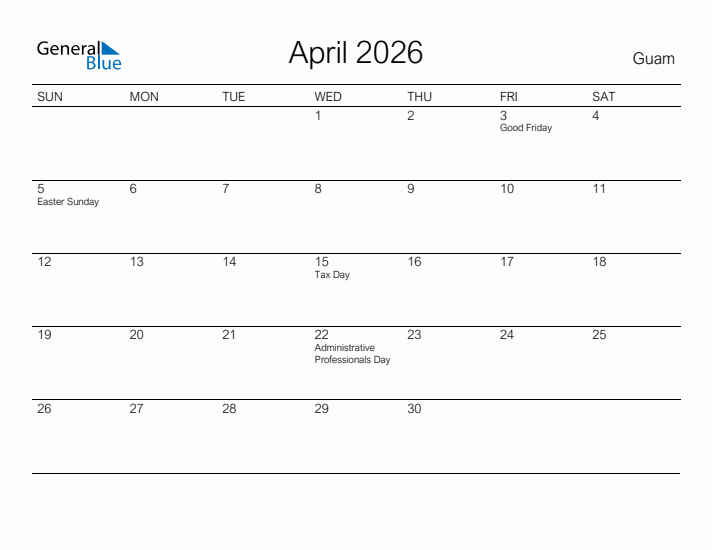 Printable April 2026 Calendar for Guam