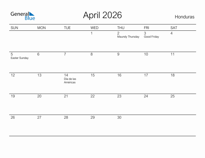 Printable April 2026 Calendar for Honduras