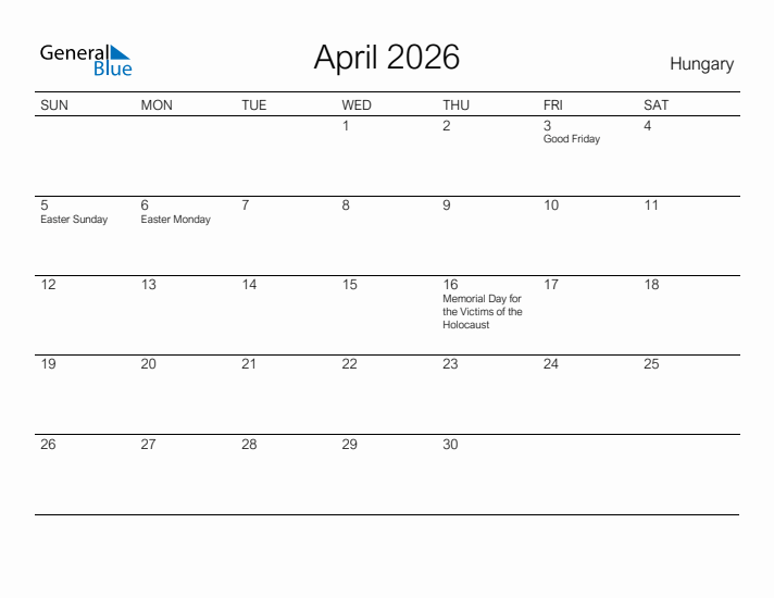 Printable April 2026 Calendar for Hungary