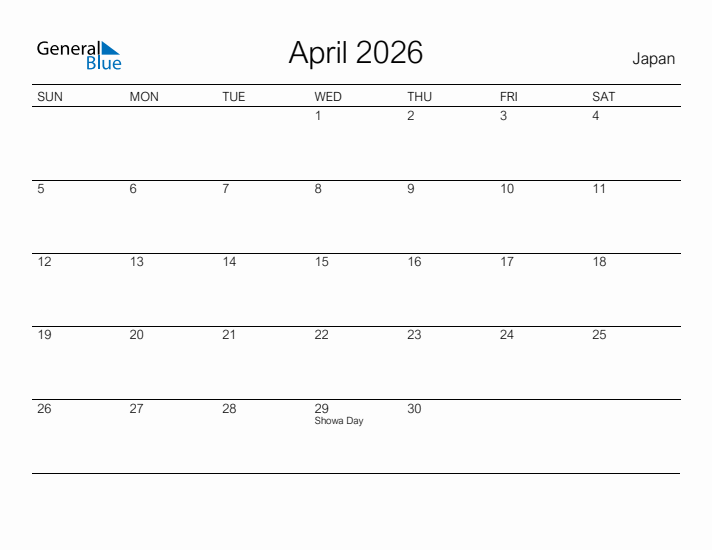 Printable April 2026 Calendar for Japan