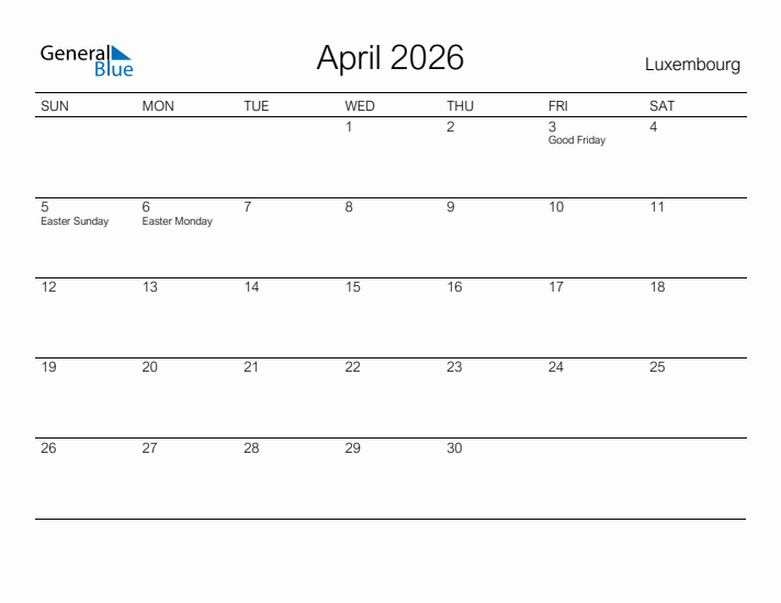 Printable April 2026 Calendar for Luxembourg