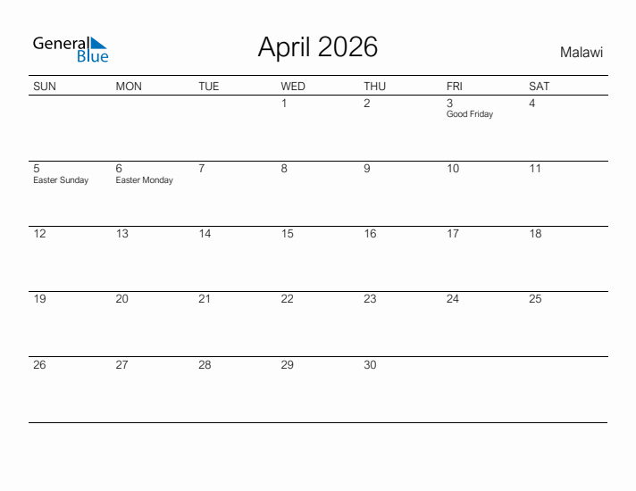 Printable April 2026 Calendar for Malawi