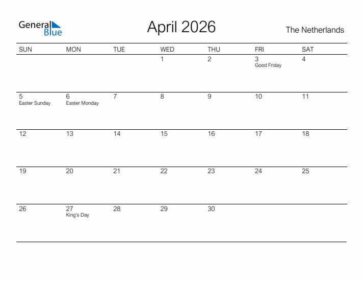 Printable April 2026 Calendar for The Netherlands