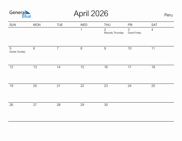 Printable April 2026 Calendar for Peru