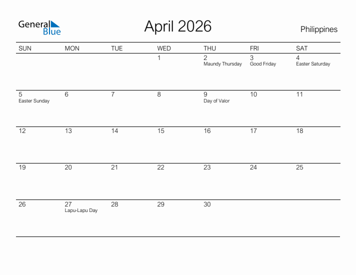 Printable April 2026 Calendar for Philippines