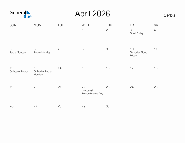 Printable April 2026 Calendar for Serbia