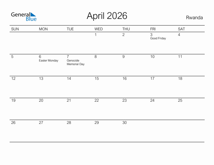 Printable April 2026 Calendar for Rwanda