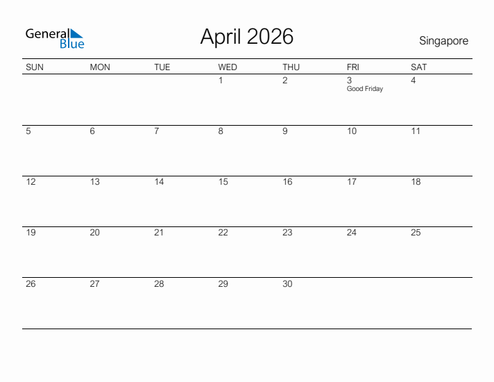 Printable April 2026 Calendar for Singapore