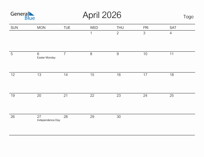 Printable April 2026 Calendar for Togo