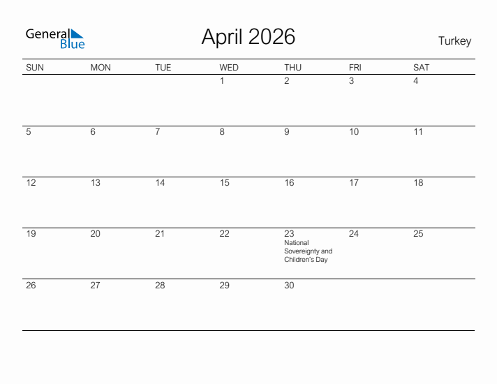 Printable April 2026 Calendar for Turkey