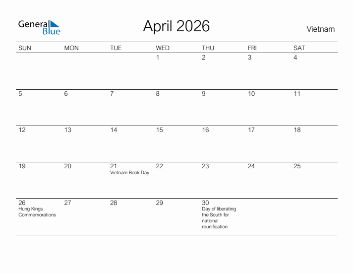 Printable April 2026 Calendar for Vietnam