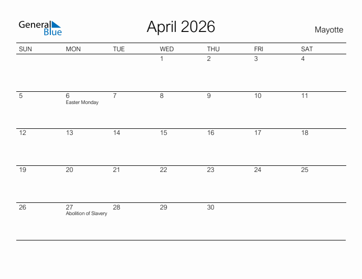 Printable April 2026 Calendar for Mayotte