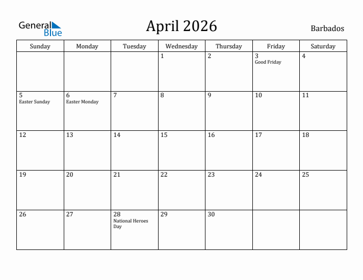 April 2026 Calendar Barbados