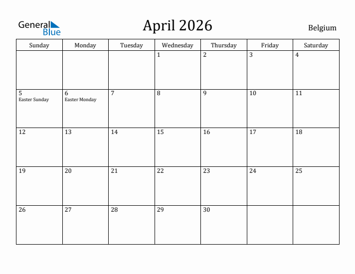 April 2026 Calendar Belgium