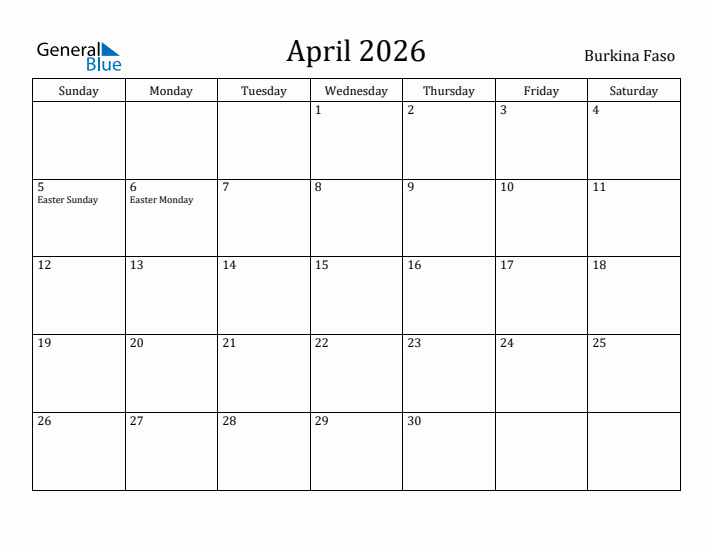 April 2026 Calendar Burkina Faso