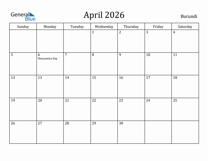 April 2026 Calendar Burundi