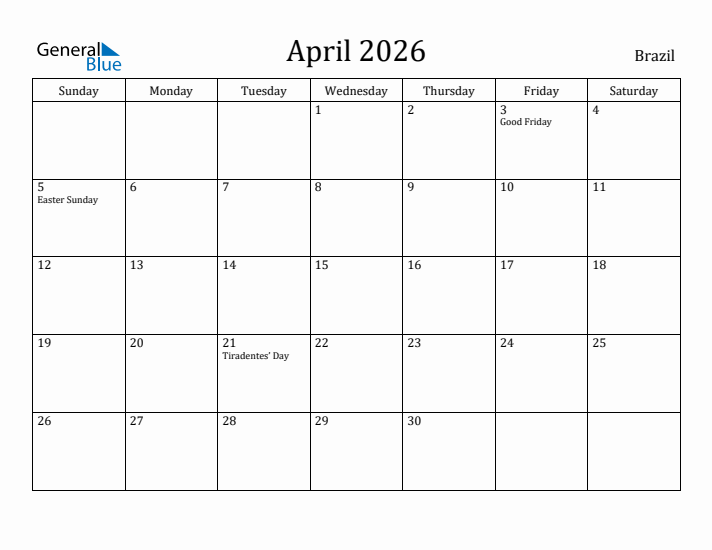 April 2026 Calendar Brazil