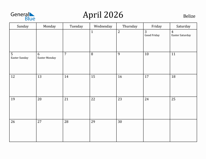 April 2026 Calendar Belize