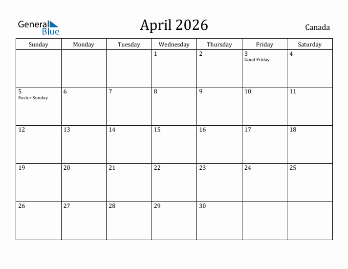 April 2026 Calendar Canada