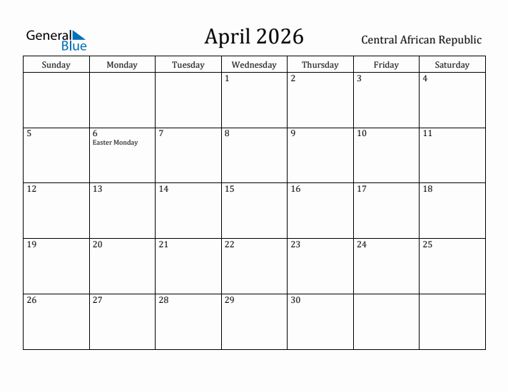 April 2026 Calendar Central African Republic