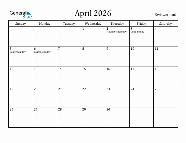 April 2026 Calendar Switzerland