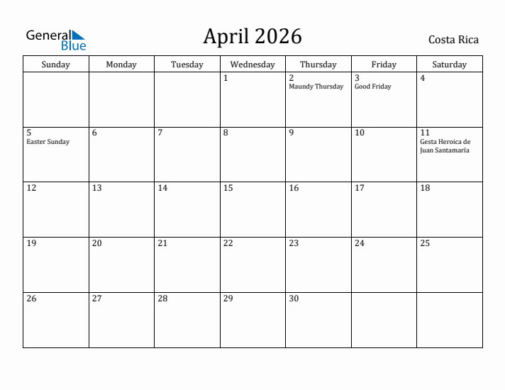 April 2026 Calendar Costa Rica