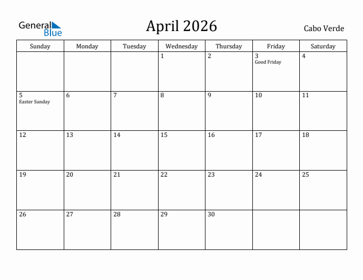 April 2026 Calendar Cabo Verde