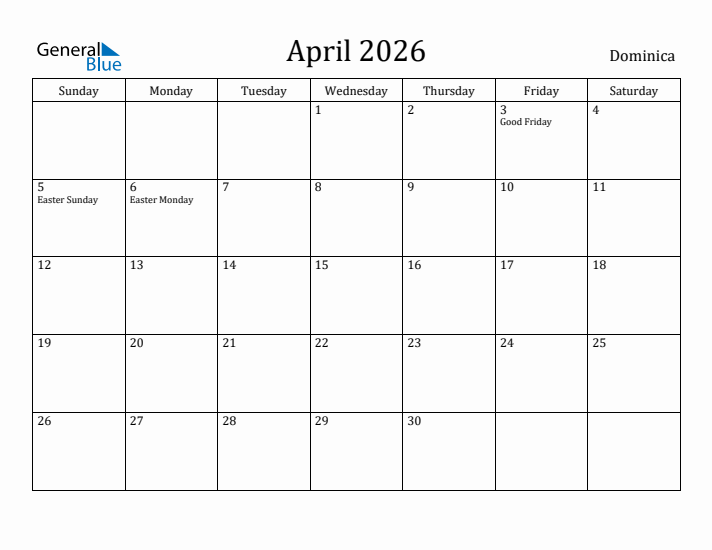 April 2026 Calendar Dominica