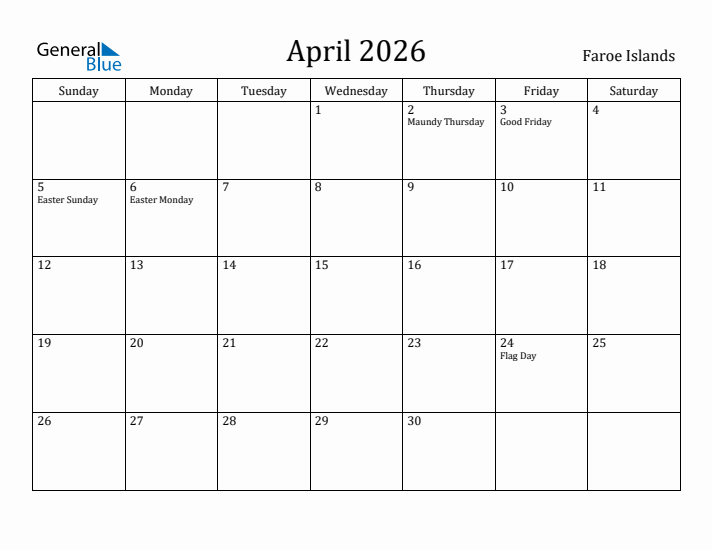 April 2026 Calendar Faroe Islands