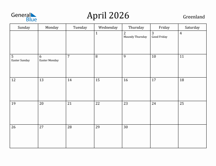 April 2026 Calendar Greenland