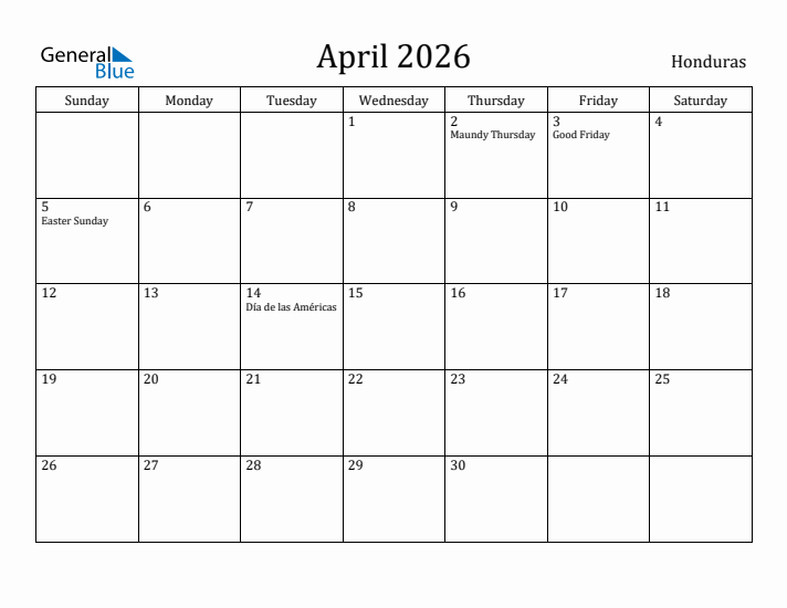 April 2026 Calendar Honduras