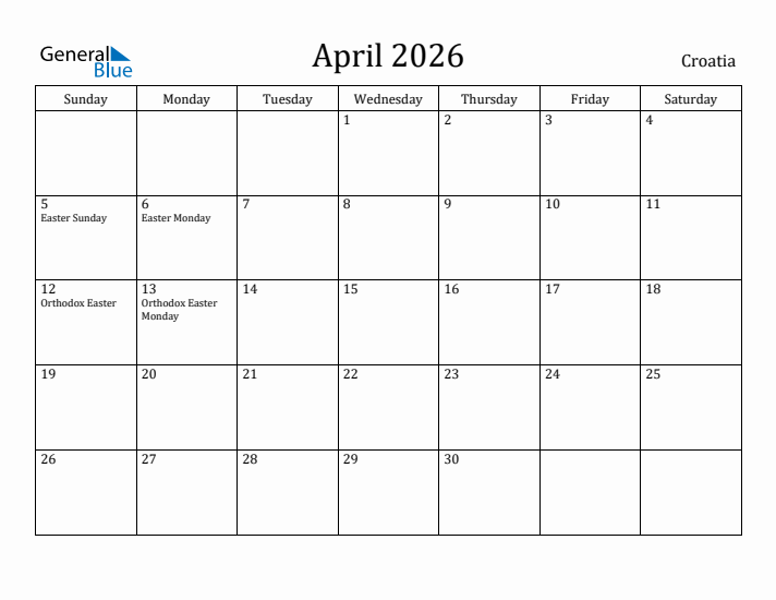 April 2026 Calendar Croatia